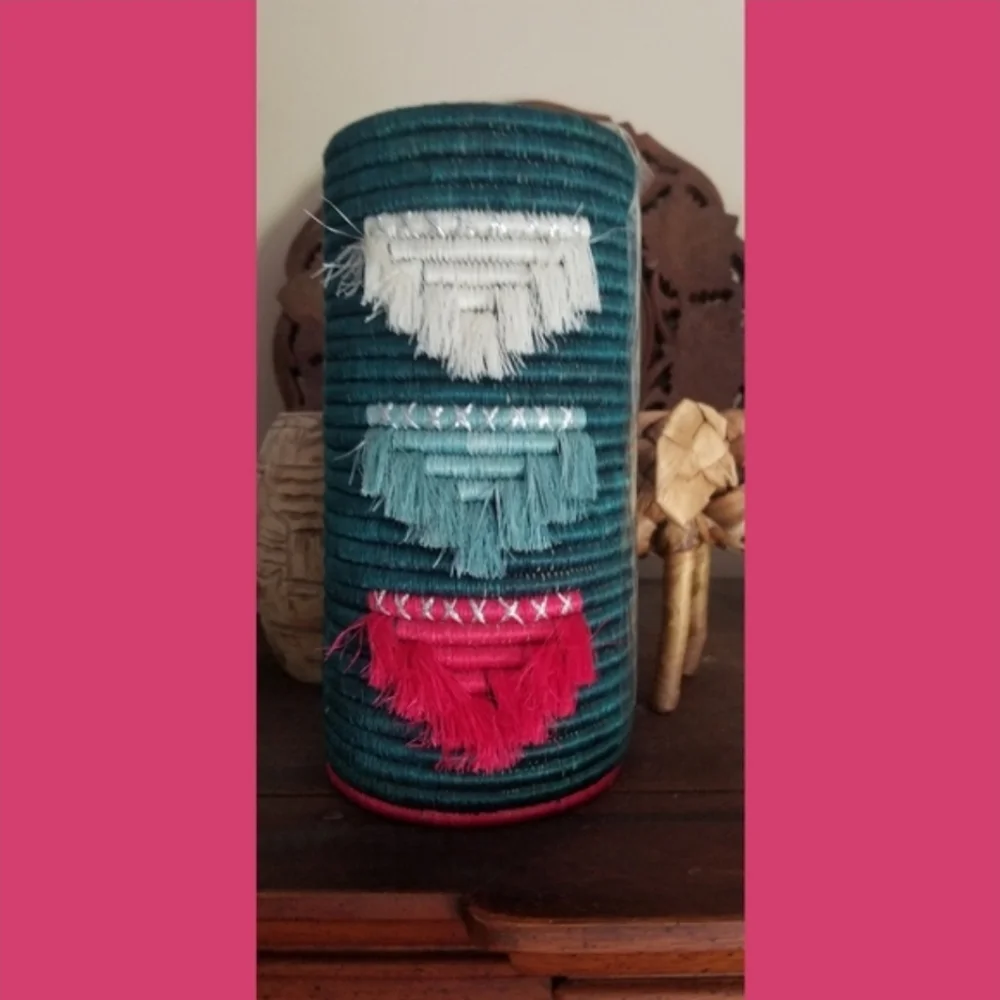 Handmade RWANDA VASE w glass insert fringe  boho tribal teal pink